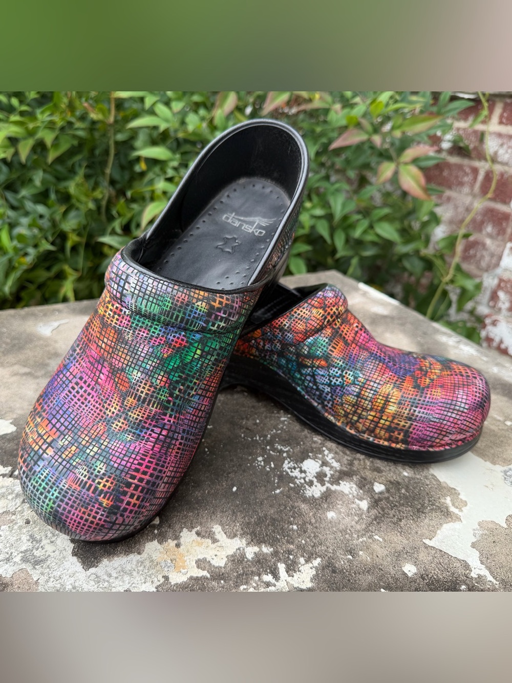 Dansko STAINED GLASS Womens Sz 11.5 Leather Graphic Colorful Nurse Shoes Clogs
